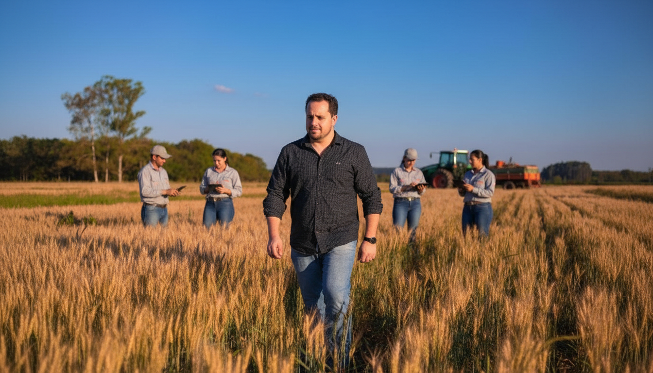 Consultor rural no campo analisando plantação