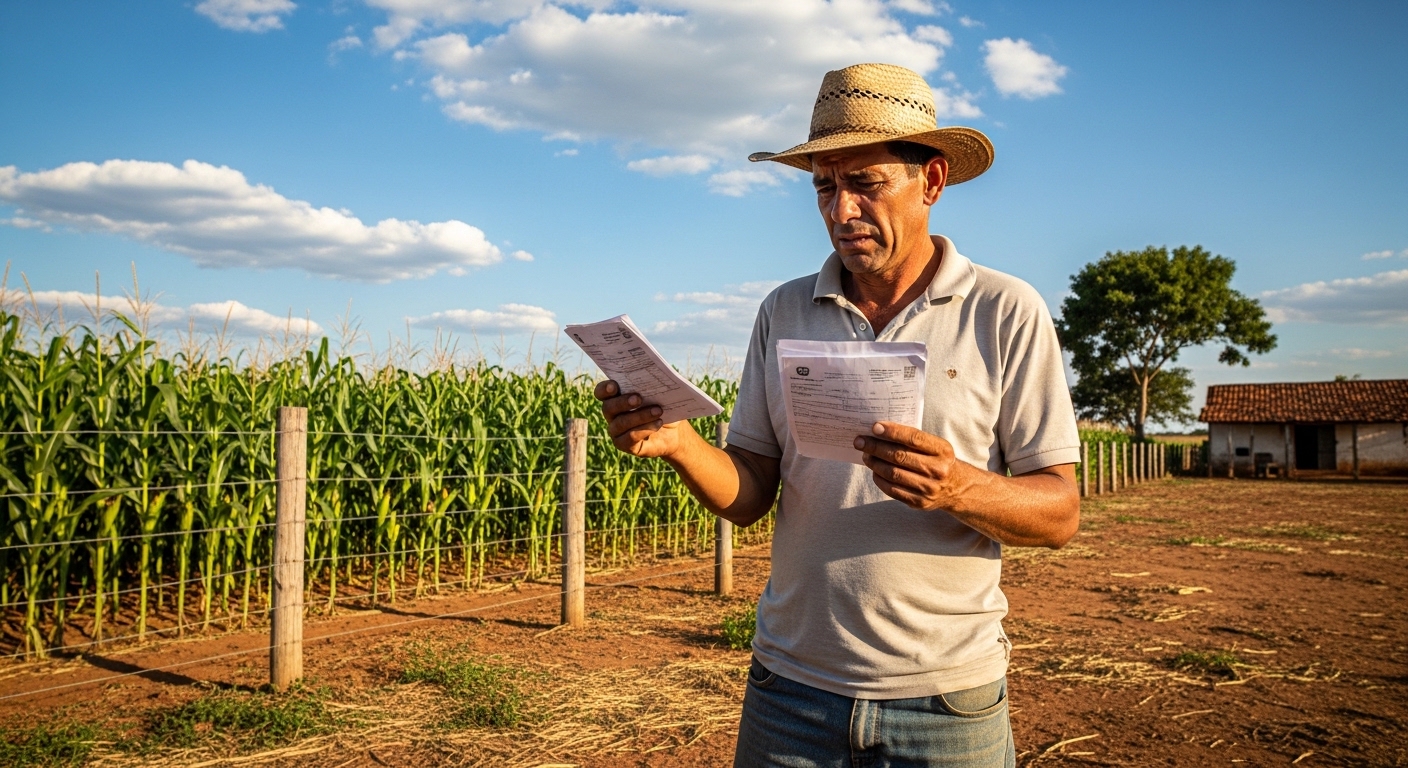 Produtor rural preocupado olhando documentos no campo